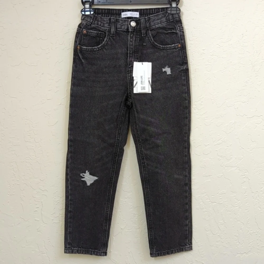 Zara Girls Black Mom Fit Distressed Elastic Waist Jeans Size 9